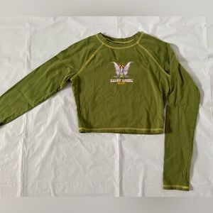 Green Long Sleeve Crop Top with Graphic
